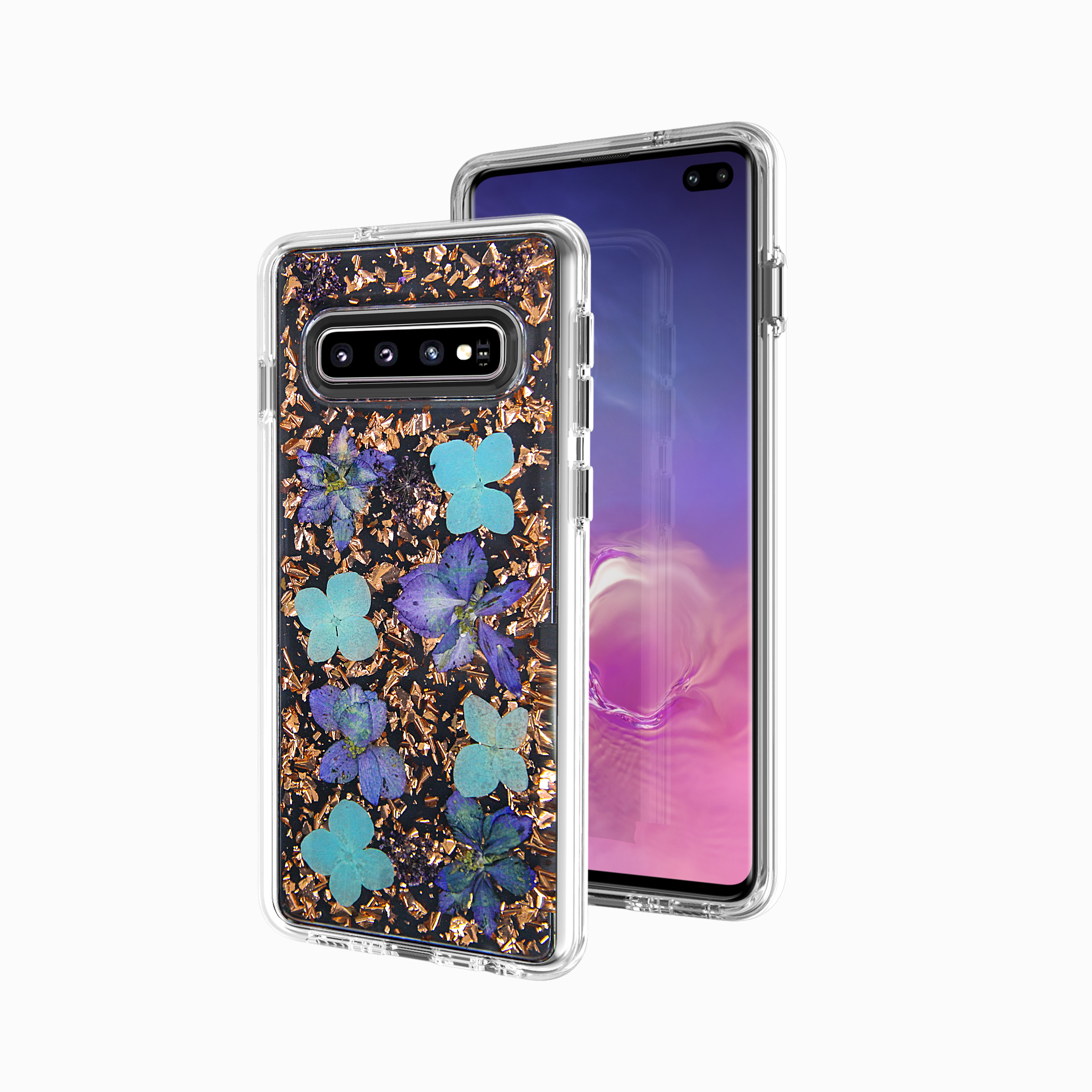 Galaxy S10 Luxury GLITTER Dried Natural Flower Petal Clear Hybrid Case (Bronze Blue)